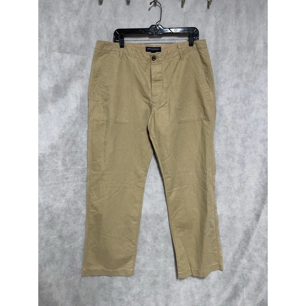 Banana Republic Pants Men 36X32 Beig Linen Cotton Button Fly Baggy Hybrid Casual
